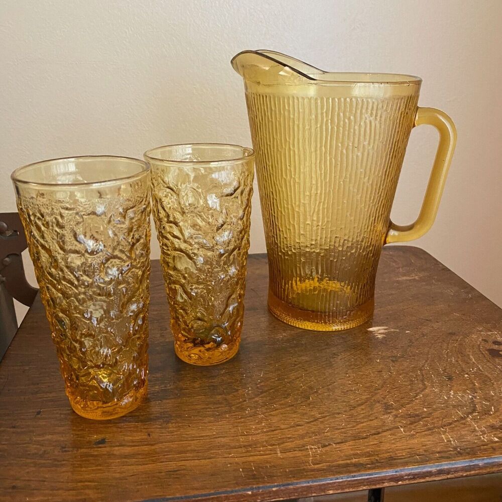 Vintage Mixed Pitcher and Glass Set Yellow Gold Beverage Service Glasses